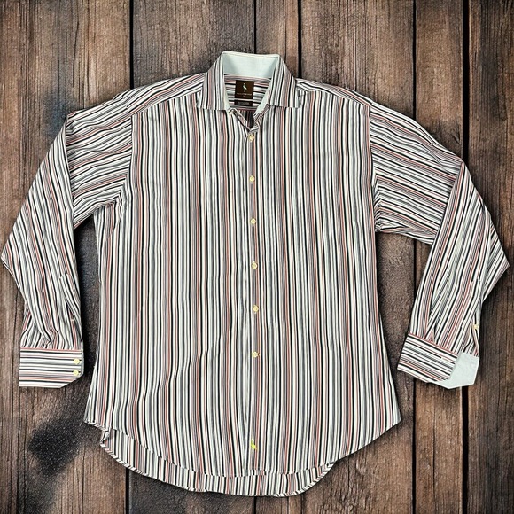 TAILORBYRD MENS LARGE COTTON LONG SLEEVE BUTTON UP BLUE RED WHITE STRIPE SHIRT - Picture 3 of 7